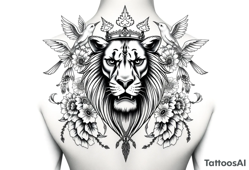 powerful majestic lion with a crown, surrounded by floral ornaments and birds tattoo idea