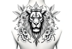 powerful majestic lion with a crown, surrounded by floral ornaments and birds tattoo idea