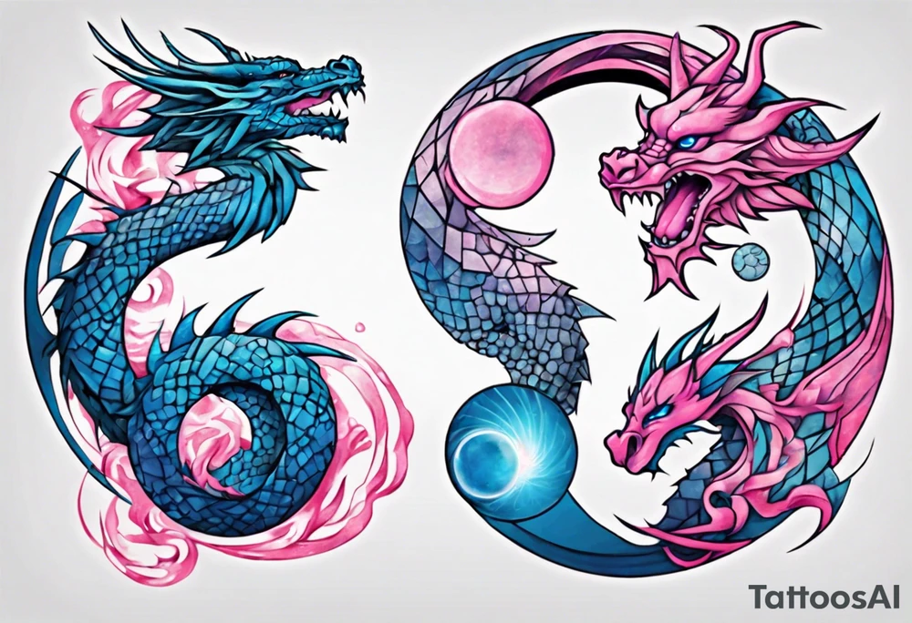 ying yang dragon stones blue & pink tattoo idea