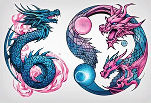 ying yang dragon stones blue & pink tattoo idea