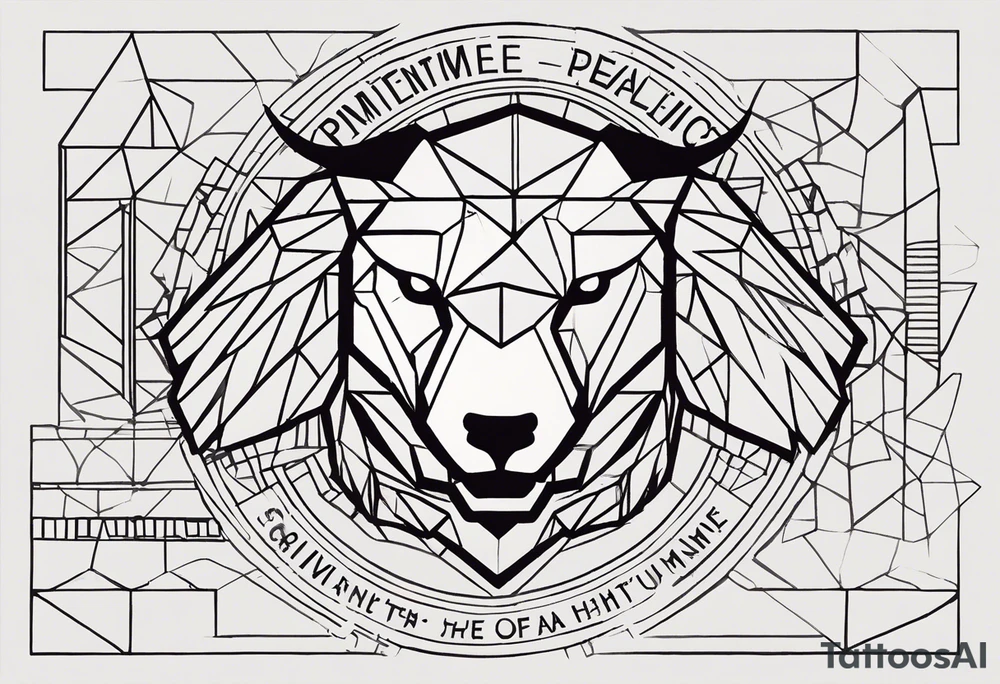 Words: Courage, determination, patience, focus, resilience. Image: Geometric eagle face, bull and bear faces divided by the financial market dump and pump. Graphics, symbols of intelligence interconnected with books and studies that represent the search for knowledge as a person guided by humanity and human philosophy. Image for the right arm and right forearm. Use geometric shapes and lines to connect images tattoo idea