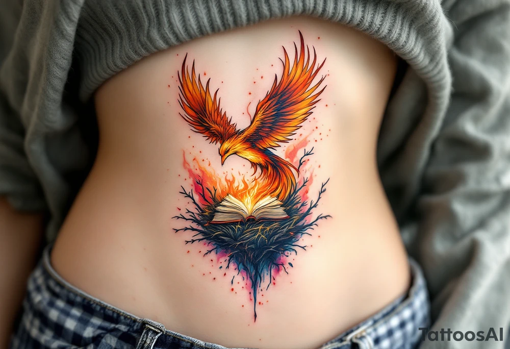 Phoenix rising from nest of burnt books tattoo idea