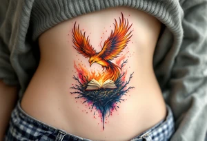 Phoenix rising from nest of burnt books tattoo idea