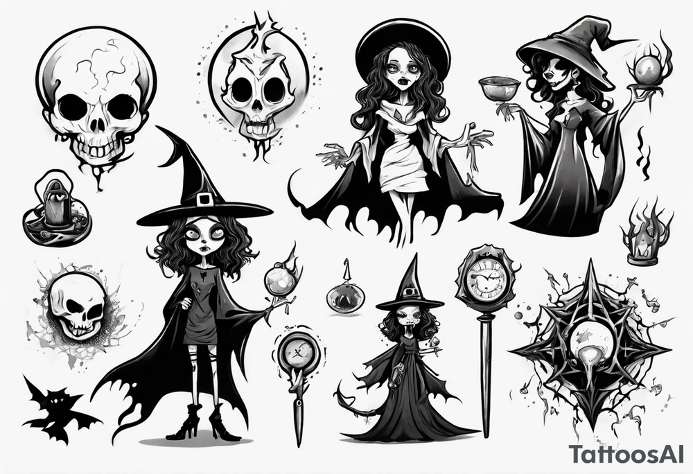 a Tim Burton-style witch necromancer tattoo idea