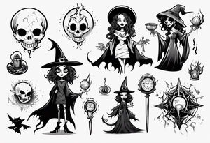a Tim Burton-style witch necromancer tattoo idea
