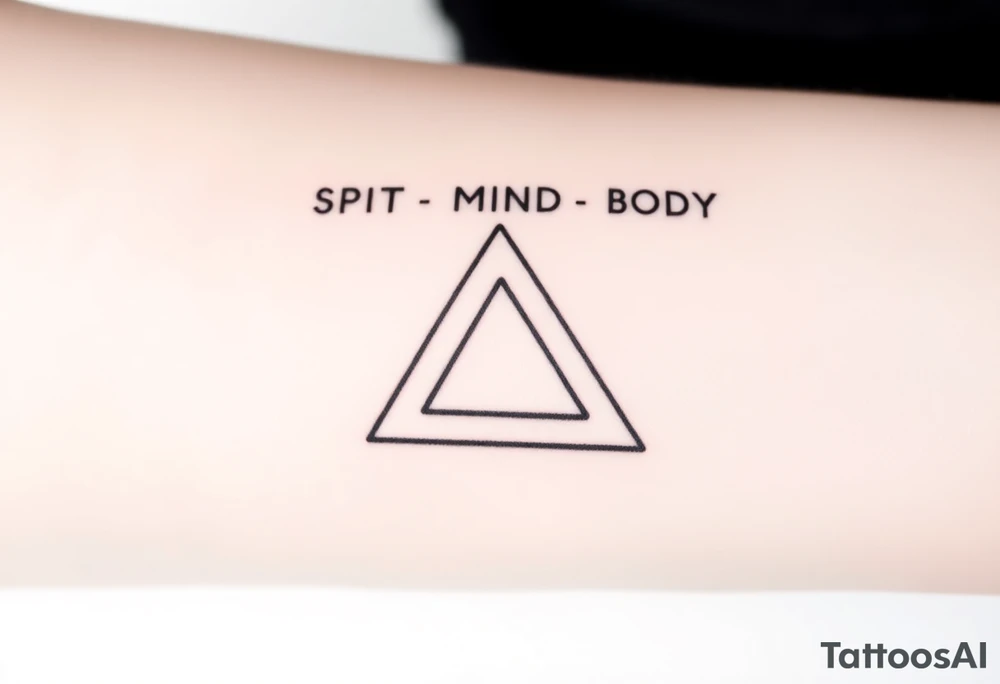A minimalist tattoo of three interlocking triangles arranged in a way that forms a geometric symbol. Each triangle is thinly outlined and overlaps slightly. Above the design, the words 'SPIRIT,' 'MIND,' and 'BODY' are written in simple font, representing the connection between these three concepts. The tattoo is located on the inner forearm and is drawn in black ink on a light skin tone background. tattoo idea