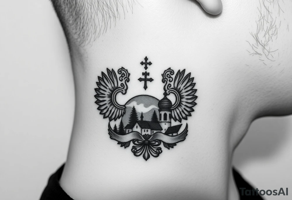 Traditional authentic Russian coat of arms with a Christian orthodox virgin marry in the middle and silhouette in a Russian wilderness Christian orthodoxy dome church village setting on the side of my neck tattoo idea