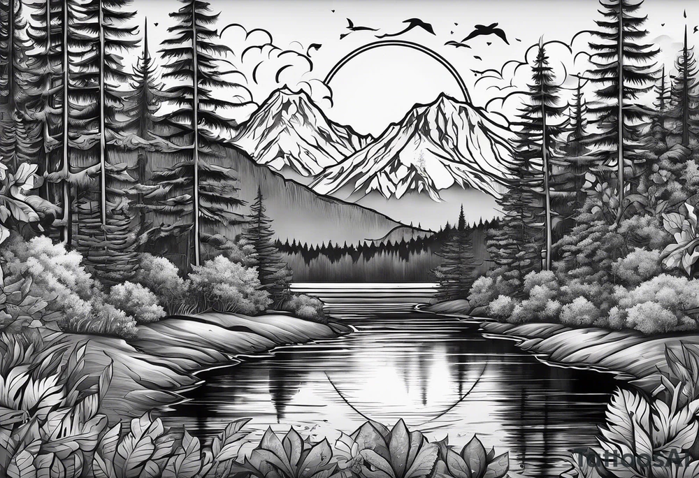 Chicano inspired Tattoo that incorporates love for family and importance of building wealth. Include elements of the Pacific Northwest Forrest tattoo idea