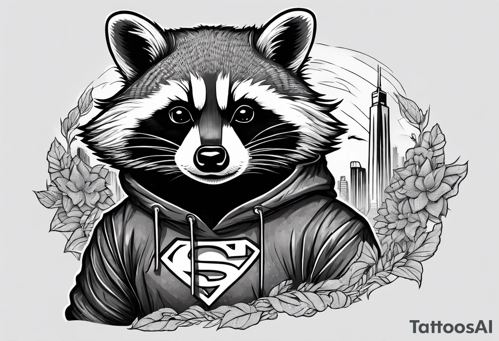 raccoon wearing a Superman hoodie tattoo idea