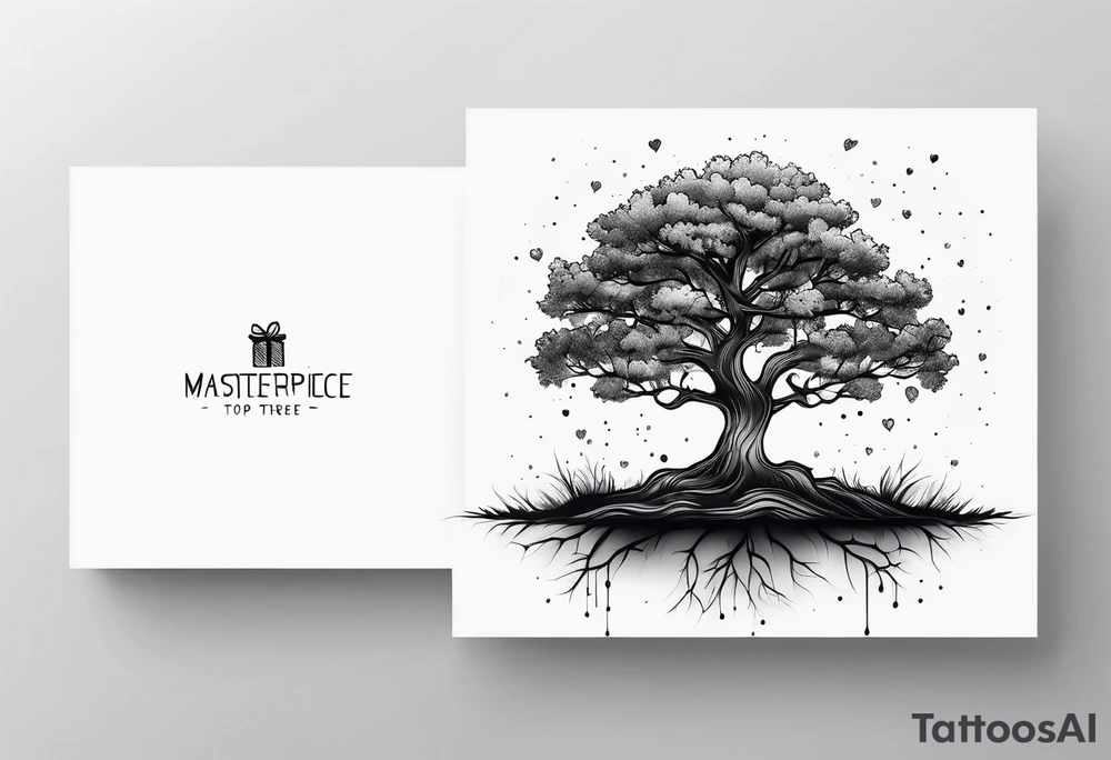 One line tattoo of oak tree with little gift at the bottom tattoo idea