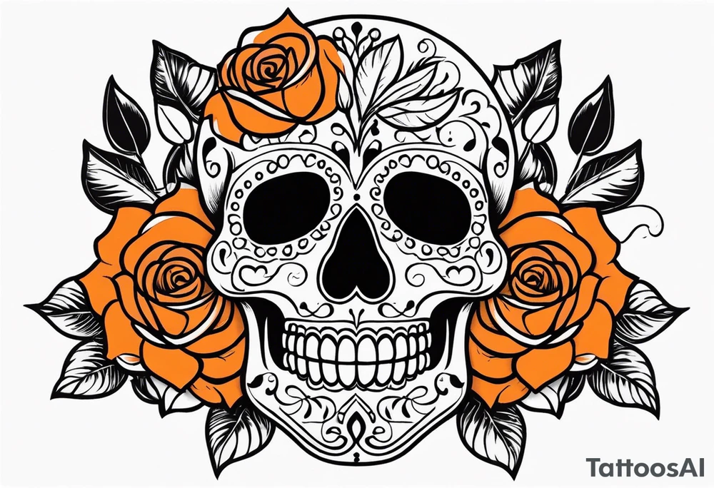 Sugar skull with roses that are orange and black tattoo idea