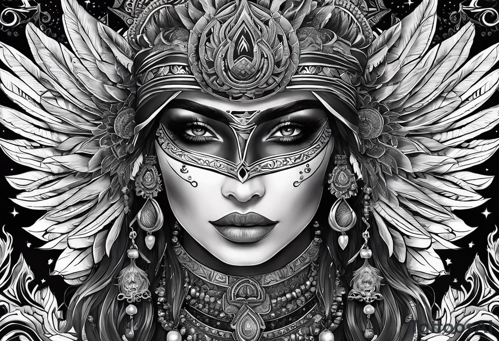 black kali, goddess pirate, alien, pachamama, valkrye, warrior, skull, lotus azul, wing, eagle, zenza resonance, stars, 5D, anahata chakra tattoo idea