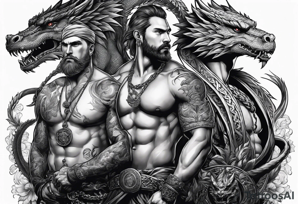 Three Russian heroes holding a dragon on a chain tattoo idea