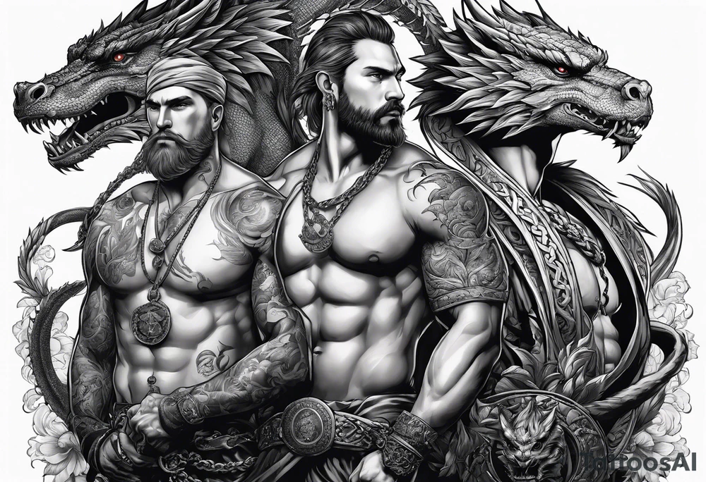 Three Russian heroes holding a dragon on a chain tattoo idea Three Russian heroes holding a dragon on a chain tattoo idea