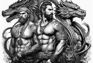 Three Russian heroes holding a dragon on a chain tattoo idea