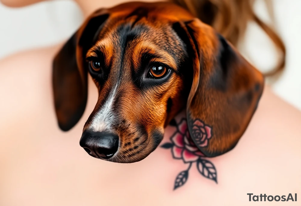 female  hound dog brown  Brindle with white strip going up snout   Slightly off center dog with the name kiwi . And a tiny rose around her . With her ears pointy a little big tattoo idea