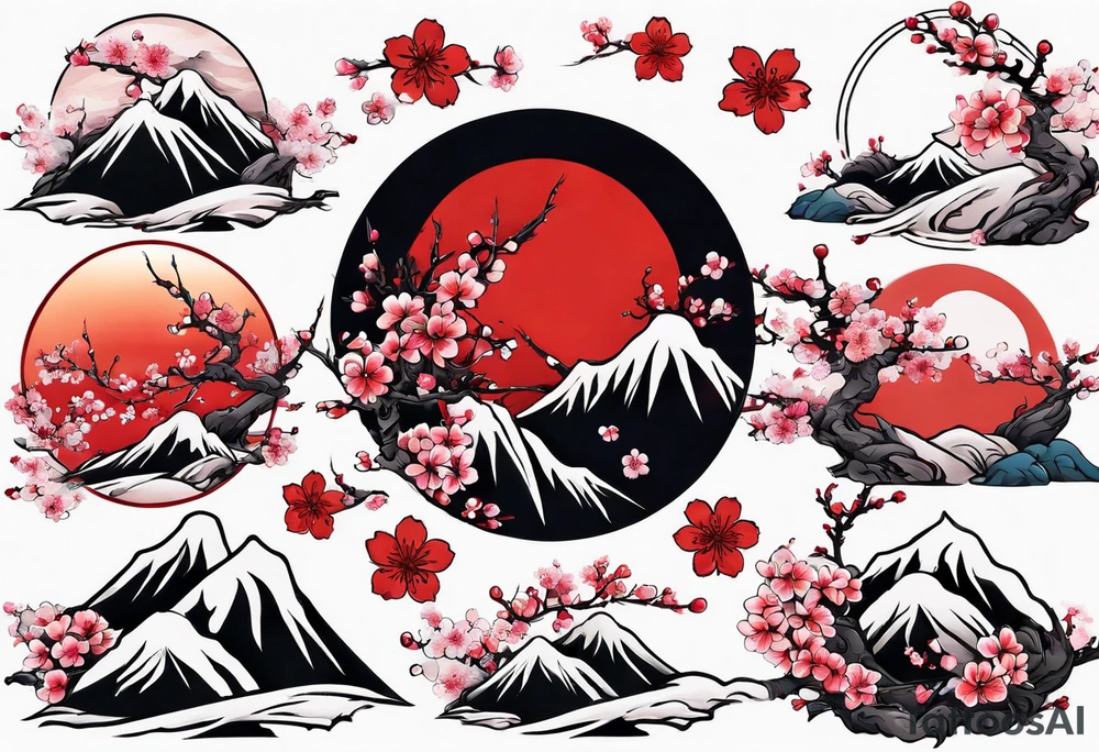 Cherry blossom red sun mountains tattoo idea