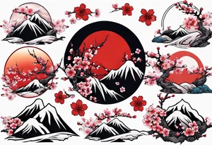 Cherry blossom red sun mountains tattoo idea