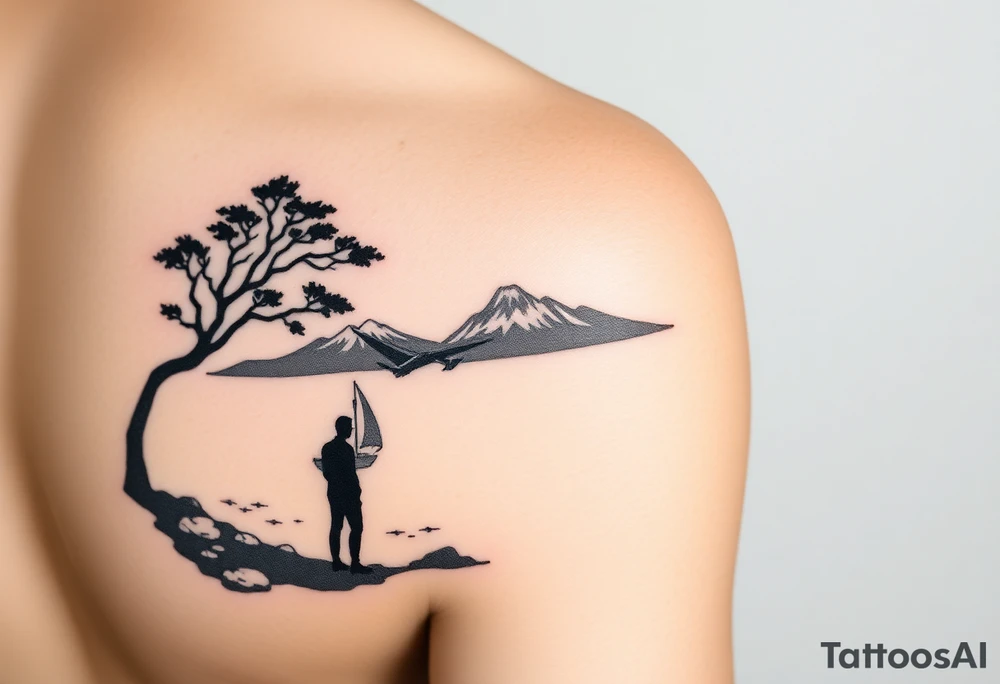 I want a minimalist design that will go on my right bicep, of a man's silhouette of a man on a shoreline, with a tree to his left, looking out at mountains in the distance, and a sailboat in the foreground.  but I want this around the arm, elbow and bicep area.  more of a wrap around on the arm please tattoo idea