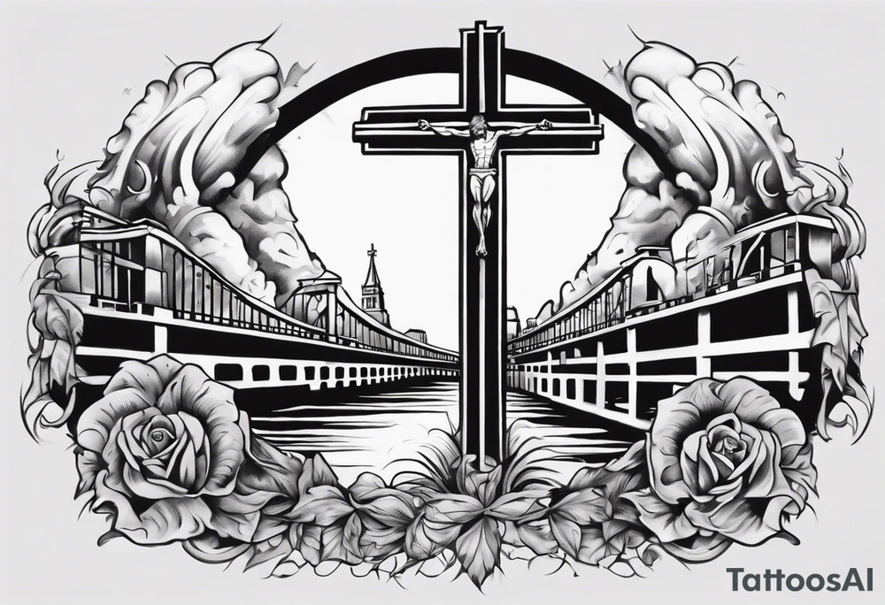 Inner bicep, stretched horizontally, bridge leading to a cross tattoo idea Inner bicep, stretched horizontally, bridge leading to a cross tattoo idea