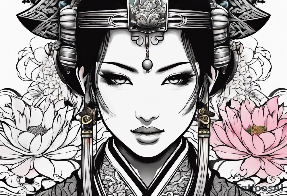 Japanese woman samurai swords lotus flowers neotribal tattoo idea