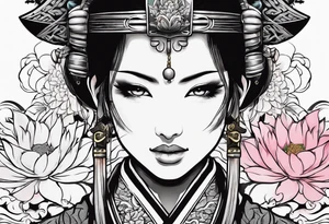 Japanese woman samurai swords lotus flowers neotribal tattoo idea