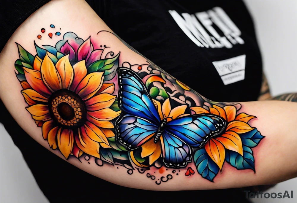 Memorial arm sleeve for mom with rainbow sunflowers and butterflies tattoo idea