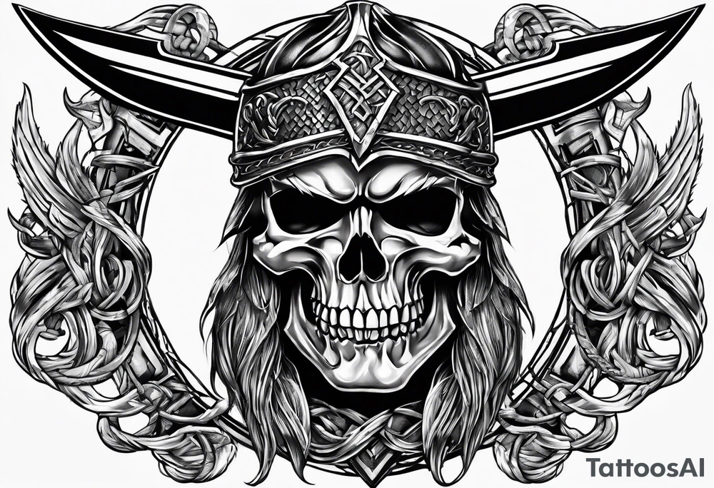 Valhalla sword round shield axe barbed wire chains tattoo idea