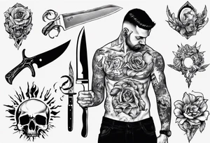 man stabbing himslef with knife in hearth tattoo idea