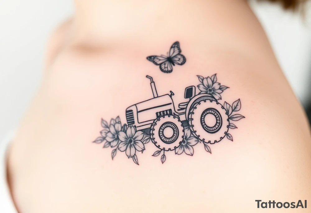 A tractor surrounded by flowers and butterfly that's very delicate and femin6 tattoo idea