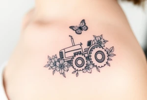 A tractor surrounded by flowers and butterfly that's very delicate and femin6 tattoo idea