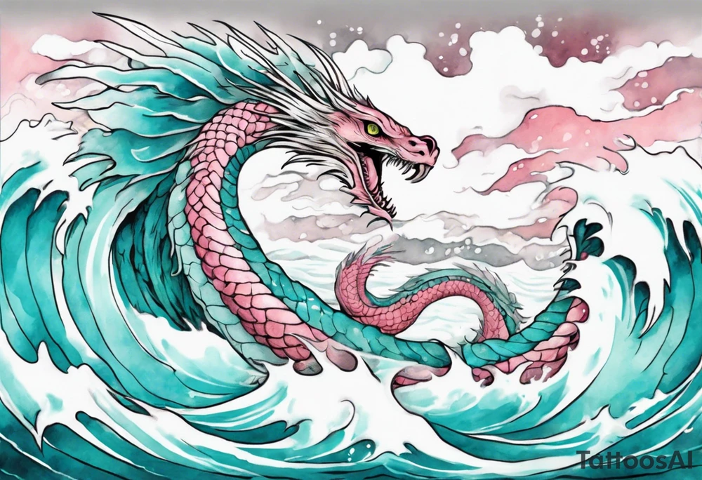 a turquoise and white and pink feathered sea serpent with beautiful eyes emerging from the stormy sea tattoo idea