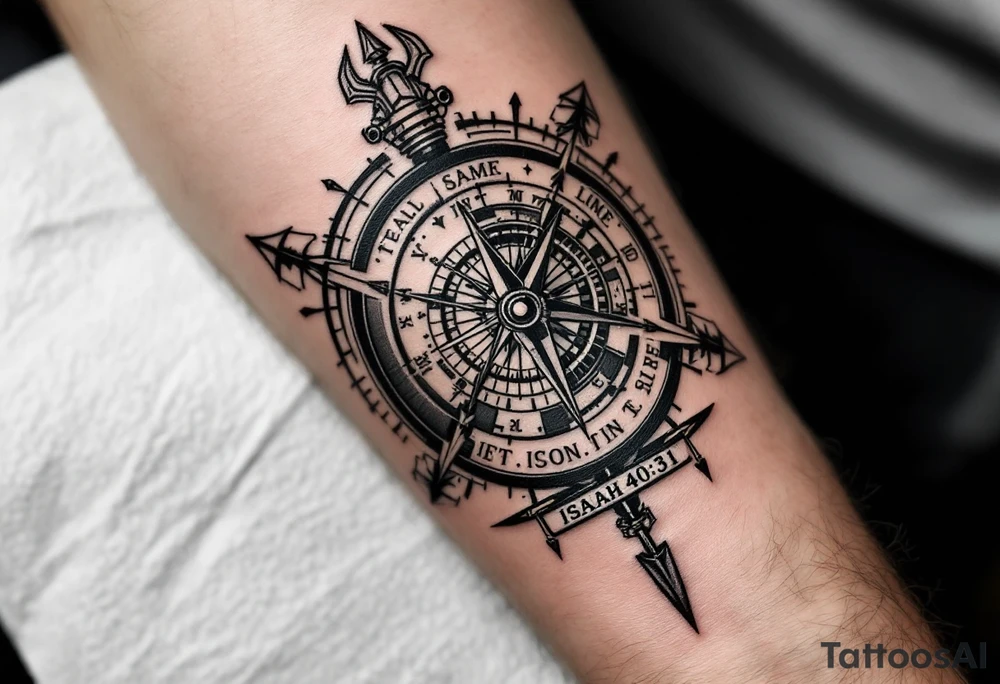 steampunk half compass half clock with a full length arrow pointing at my wrist and saying "Isaiah 40:31" tattoo idea