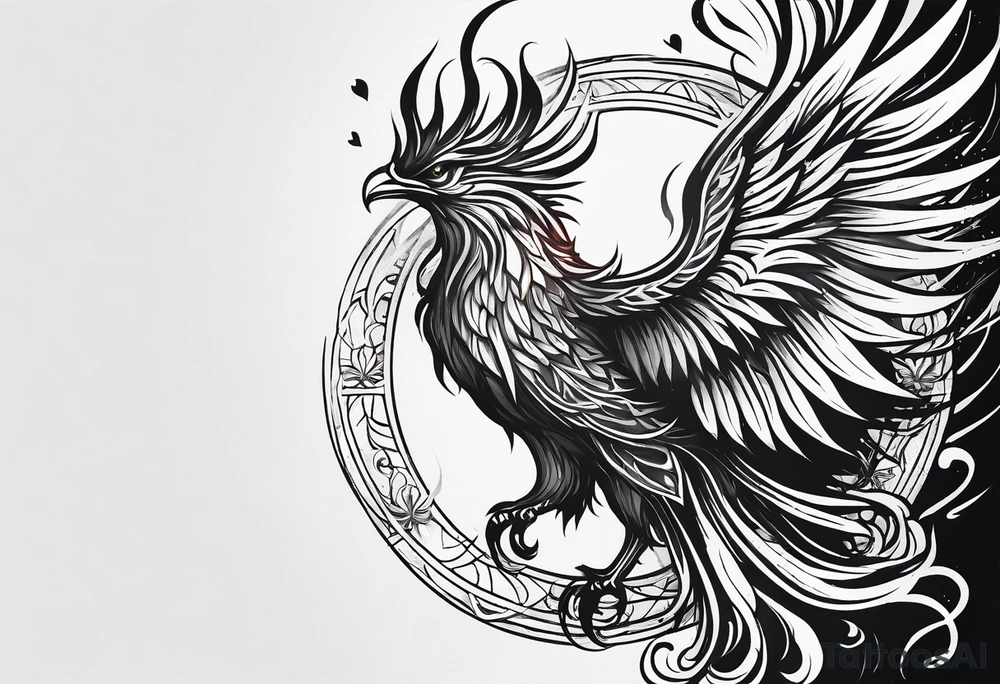 Depict a phoenix rising from flames shaped like hearts, symbolizing the transformative power of love and the strength that emerges from the ashes of challenges. tattoo idea