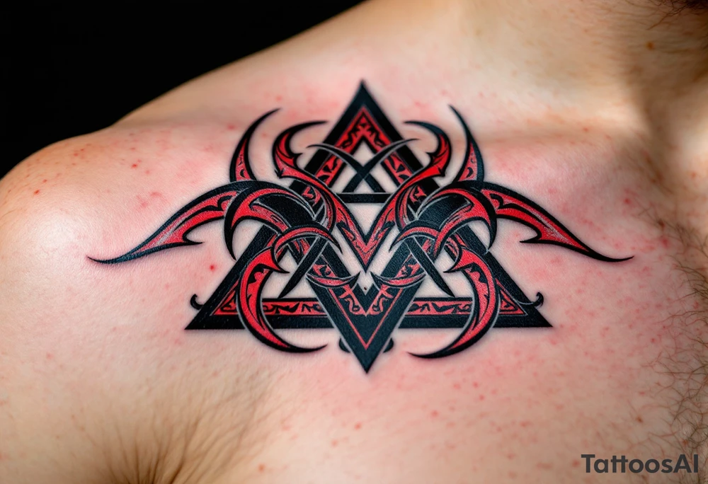 A bold tribal-style triquetra, filled with deep red and black patterns, creating a powerful and dynamic effect. tattoo idea