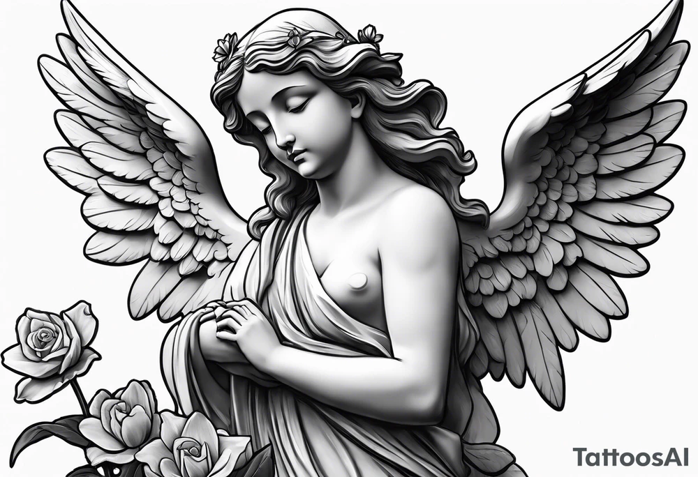 Simple Angel statue stood on a rock with daffodils and roses wrapped around its legs tattoo idea
