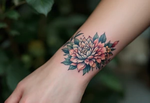 Floral wristband with name Simon and numbers 12.2.2022 v 8:08 hidden within petals in dusty rose and olive green. tattoo idea