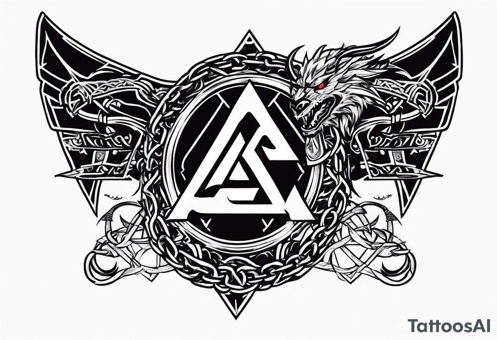 Valhalla sword shield dragon axe Valknut barbed wire chains fire tattoo idea