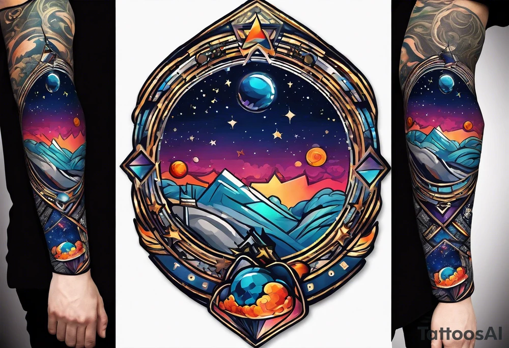 space themed arm sleeve. I want a feeling of being above it all. I like man on the move imagery inspired by kid cudi tattoo idea