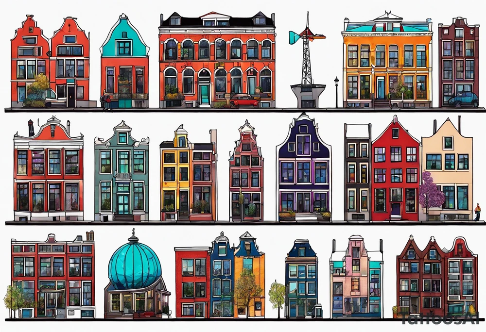 Tattoo of glass animals in Amsterdam buildings and canal featuring glass and colours of galaxy and universe colours tattoo idea