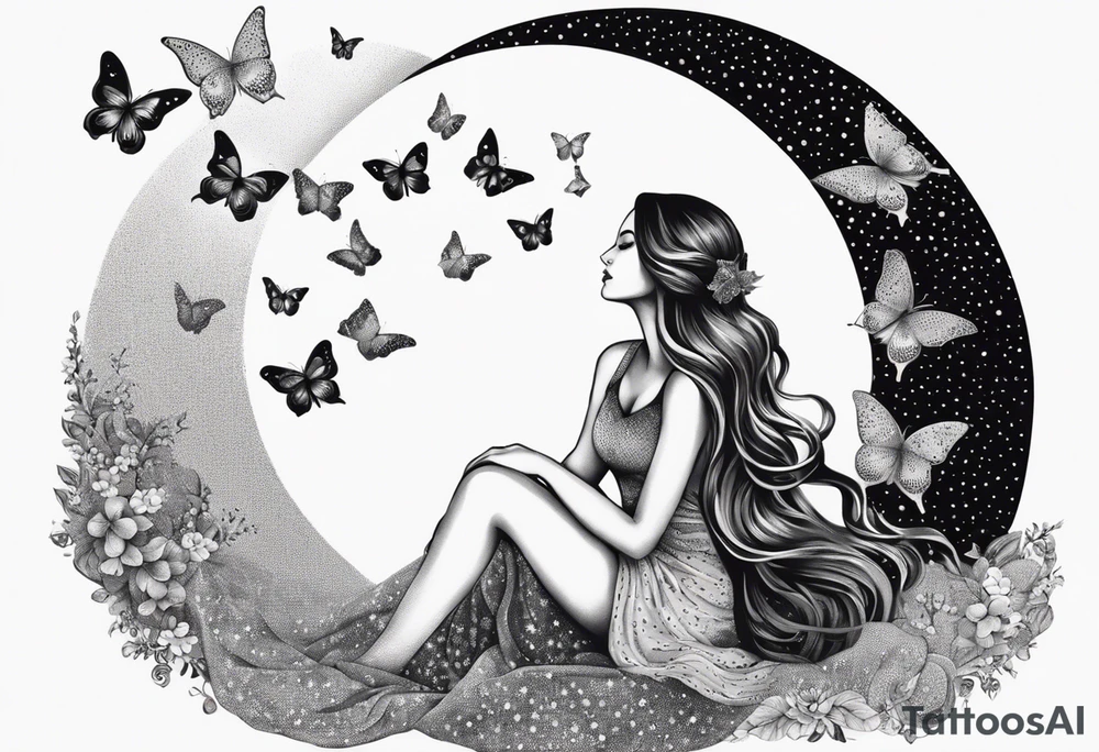 Beautiful woman with butterflies in her long wavy hair sitting on a half moon, with a moon and star background tattoo idea