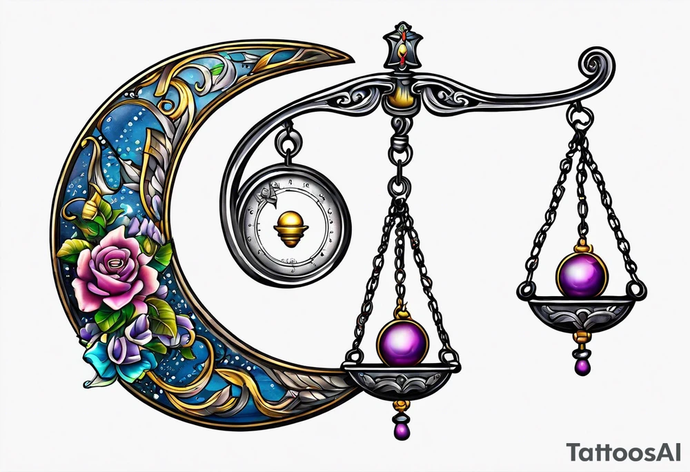 Libra scales hanging from a half moon tattoo idea