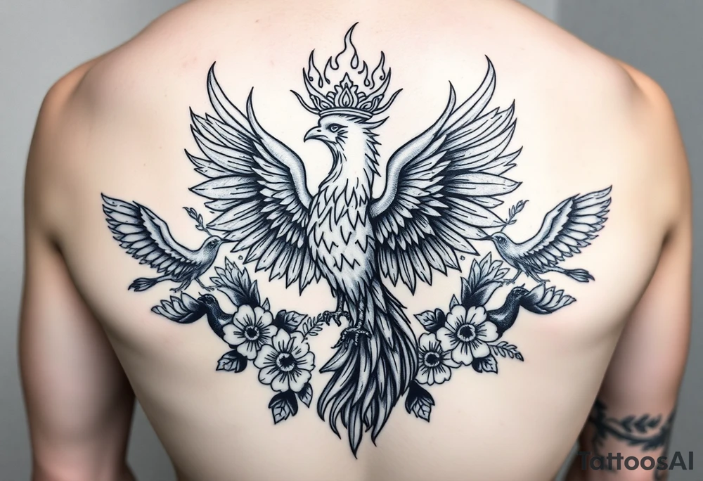 powerful majestic phoenix with crown of fire, surrounded by floral ornaments and birds tattoo idea