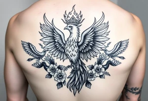 powerful majestic phoenix with crown of fire, surrounded by floral ornaments and birds tattoo idea