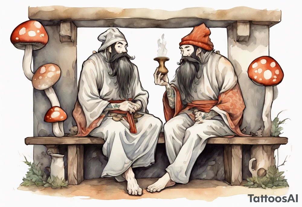 a mushroom-creature with a long beard wearing a  medieval tunic sitting on a bench by a fireplace drinking from a wood cup, happy tattoo idea