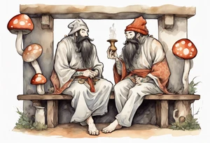 a mushroom-creature with a long beard wearing a  medieval tunic sitting on a bench by a fireplace drinking from a wood cup, happy tattoo idea