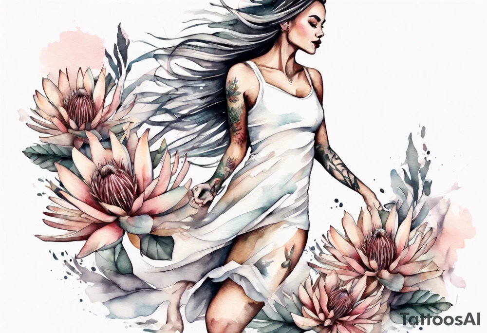 Very feminine tattoo with a woman dancing in a wind of protea flowers tattoo idea