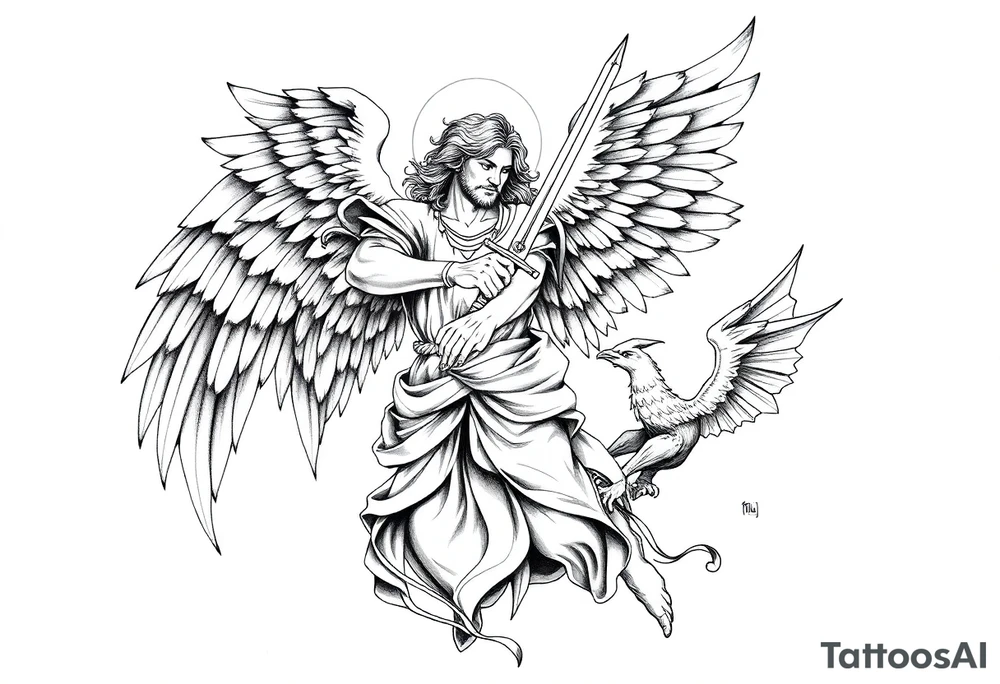 Archangel Michael holding a sword, ready for battle, defeating Lucifer tattoo idea