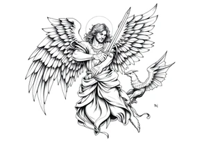 Archangel Michael holding a sword, ready for battle, defeating Lucifer tattoo idea