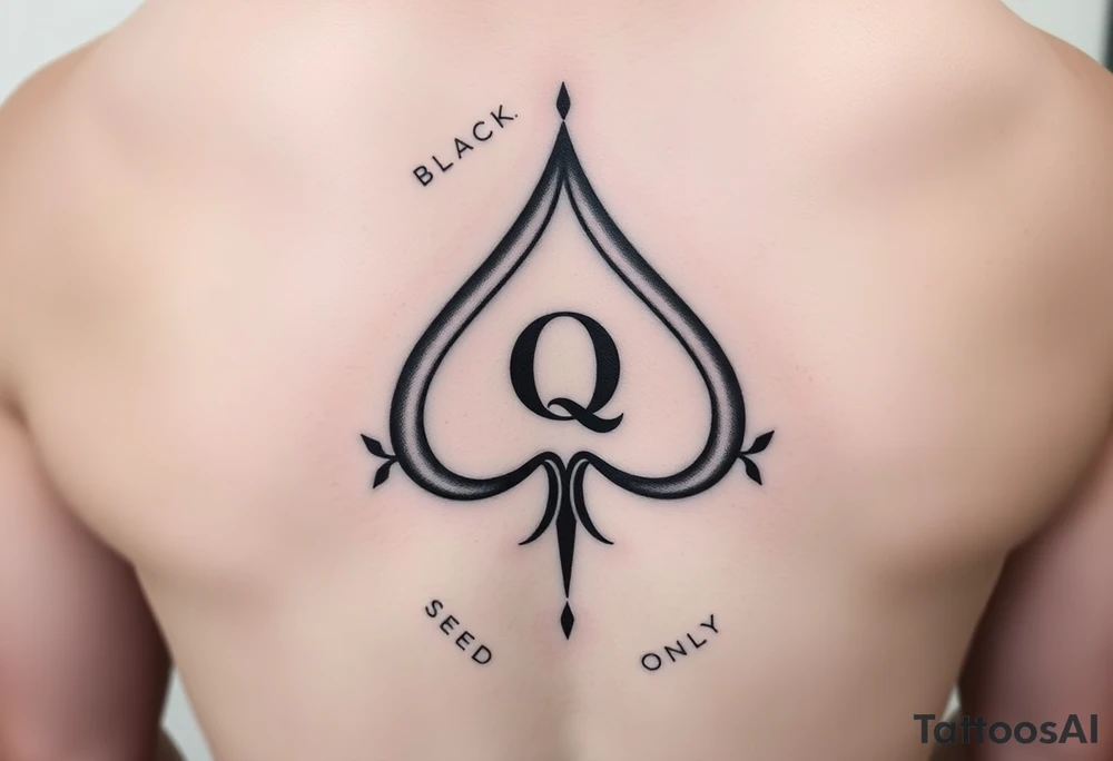 A spade womb tattoo with a Q in the center, with three points around the outside. The first reading, "BLACK". The second reading, "SEED". The third reading, "ONLY". tattoo idea